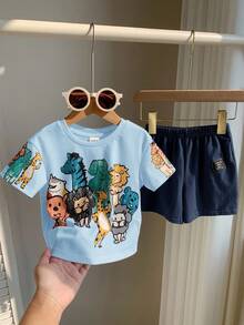 Young Boy Casual Simple, Cute Style, Cartoon Animal Print, Playful, Hand-Drawn, Cartoon Pattern Print Crew Neck Dropped Shoulder Loose Fit Knit Top Suitable For Spring And Summer - White - View 4