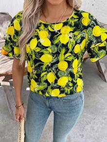 SHEIN Clasi 女款夏季檸檬圖案印花圓領荷葉邊袖口上衣 - 黑色 - 查看 4