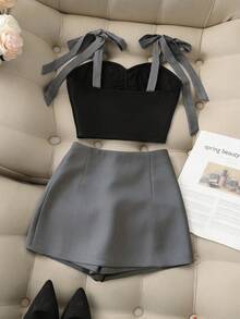 Franclia 女款優雅灰色夏季兩件套，對比色蝴蝶結前襟百褶短版背心與短褲套裝，休閒夜出遊度假穿搭 - 彩色 - 查看 2
