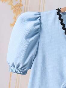 Teen Girls Fashion Casual Woven Bubble Textured Fabric Cropped Jacket With Long Skirt, Contrast Color Wavy Ribbon Trim, Eye-Catching Detail, Loose Fit, Comfortable, Suitable For Spring, Summer, Autumn, Daily Commute, Outings, Gatherings, Photo Shoots - Blue - View 5