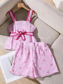 SHEIN Set Atasan Tanpa Lengan dan Celana Pendek untuk Anak Perempuan Remaja, Warna Pink Pastel, Musim Panas, Lucu, Liburan, Desain Garis-garis dengan Sabuk Pinggang, Gaya Komuter Sederhana untuk Pakaian Anak Perempuan Remaja - Berwarna merah muda - View 2
