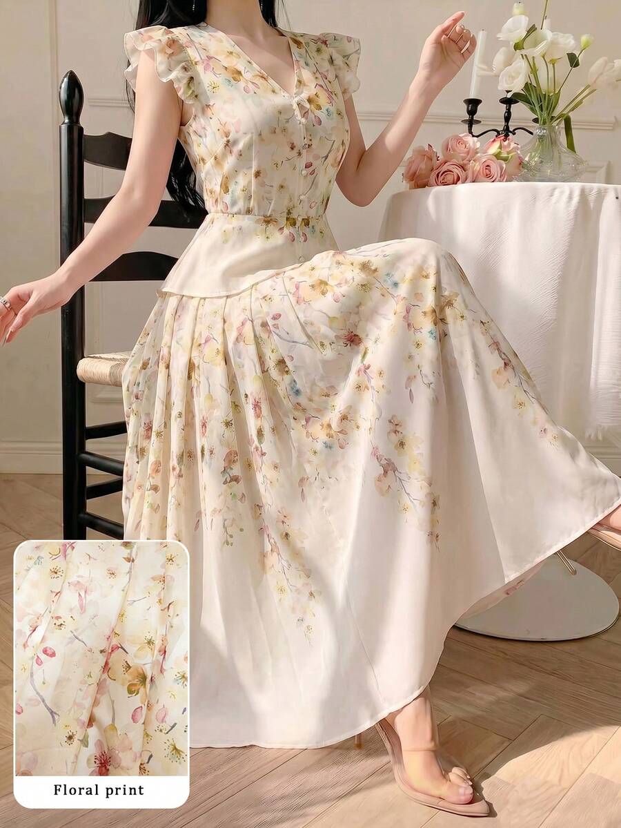 Modelyn Bộ 2 món nữ phong cách Pháp, áo tay cánh dơi bèo nhún họa tiết hoa & chân váy xòe cạp cao, phong cách đi du lịch - Màu vàng - Xem 1