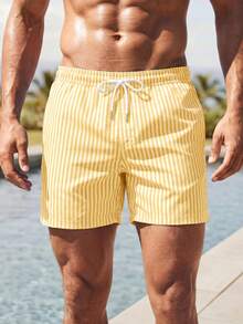 Ocevento HIMLAND Men's Striped Partywear Bermuda Shorts In Breathable Woven Fabric Yellow Swim Trunks Men Men Striped Swim Trunks Men Yellow Striped Swim Shorts Men Beach Shorts Beachwear For Men - Mustard Yellow - View 2