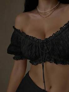 SHEIN SXY 女款黑色露肩甜美短版上衣，適合海灘、夜晚、夏季，性感風格 - 黑色 - 查看 5