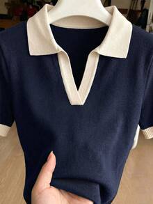 Franclia Women's Spring/Summer Colorblock Simple Casual Polo Collar Short Sleeve Slim Fit Knit Top, Suitable For Daily Wear, Vacation, Spring, Elegant Women's Casual Versatile Turn-Down Collar Short Sleeve Knit Top, Summer - Royal Blue - View 7