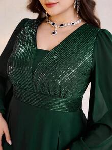 Modelyn Plus Size Women's Solid Color Patchwork Sequin Lantern Sleeve Elegant Dress - Dark Green - View 7