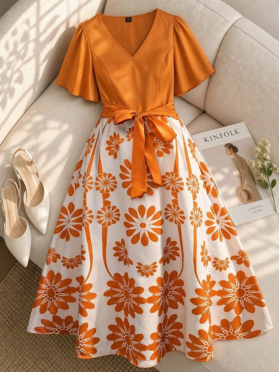 Franclia 女款大尺碼印花撞色黑白休閒洋裝,收腰蝴蝶結綁帶設計,V領花卉印花長洋裝,簡約舒適度假春季洋裝 - 彩色 - 查看 1