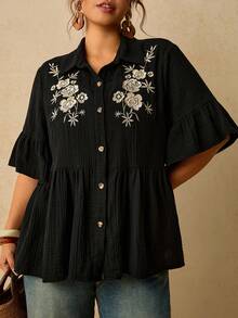 Travachic Women's Single-Breasted Floral Print Ruffle Sleeve High Waist Plus Size Casual Shirt - Black - View 1