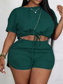 Slaydiva Slayr Plus Casual Solid Color Fitted Drawstring Split Women's Plus Size Two Pieces Outfits,Set,Summer,Two Pieces - Dark Green - View 1