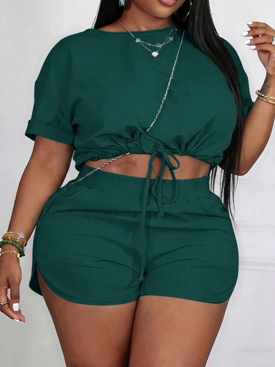 Slaydiva Slayr Plus Casual Solid Color Fitted Drawstring Split Women's Plus Size Two Pieces Outfits,Set,Summer,Two Pieces - Dark Green - View 1