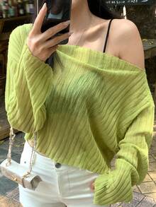 DAZY 女款透視不對稱領長袖針織上衣 適合海灘度假 萊姆綠 秋季 性感休閒 不對稱領上衣 - 綠色 - 查看 3