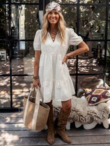 LanaWest Women's Western Lacy Boho Casual V-Neck Tassel Pendant Woven Embroidered Doll Style Ruffle Puff Sleeve Short Dress Brunch Vacation White Summer - White - View 3