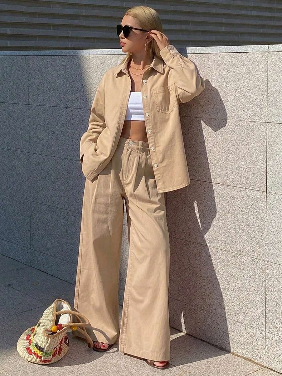 DAZY 女款翻領寬鬆襯衫與直筒褲都市休閒粉色甜美成熟優雅牛仔套裝 - 卡其色 - 查看 1