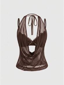 ROMWE Women's Y2K Sexy Hot Girl Minimalist Sexy Deep V Retro Cowl Neck Backless Halter Tank Top (Includes Lace Inner Layer) - Brown - View 1