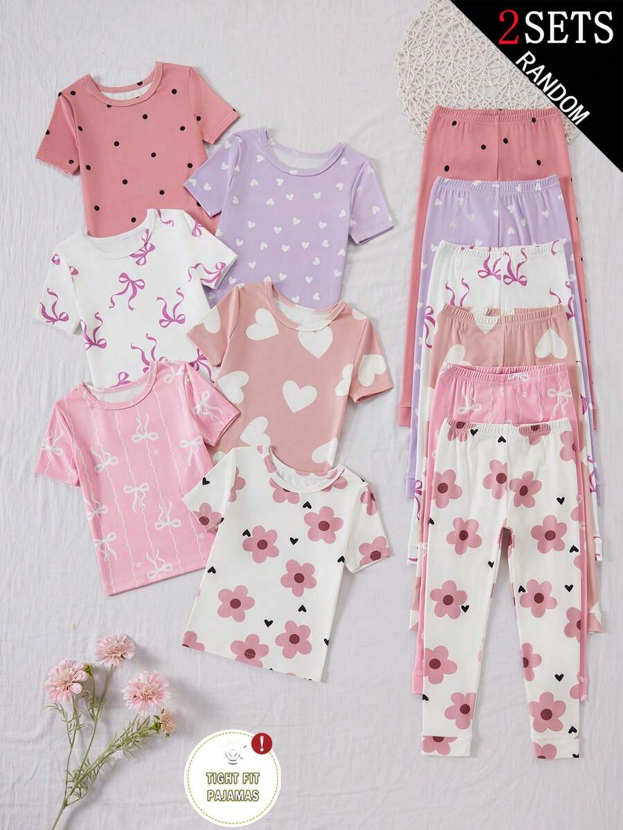 SHEIN 2套甜美花卉印花少女緊身睡衣套裝,6款盲盒隨機選2套,含2件上衣與長褲,花卉、愛心、圓點與蝴蝶結圖案,清新可愛風,粉色、紫色與白色配色,柔軟針織面料,親膚滑順,垂墜感佳,可機洗,舒適貼身 - 彩色 - 查看 1