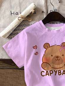 Bộ đồ 2 mảnh áo ngắn tay và quần short cho bé gái tuổi teen, phong cách casual đơn giản dễ thương, họa tiết Capybara, màu tím, kẻ sọc, phong cách Kawaii Y2K, thoải mái, phù hợp mùa xuân/hè - Nhiều màu - Xem 4