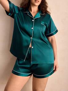Charlaine Bộ đồ ngủ/Pjama bằng vải satin vá túi viền viền tương phản Plus - Màu xanh lá cây đậm - Xem 1