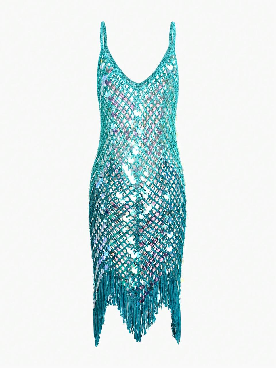 SEQUIN EMBELLISHED HANDMADE WOVEN HEM FLOWY TASSEL STRAPPY CAMI COVER-UP DRESS