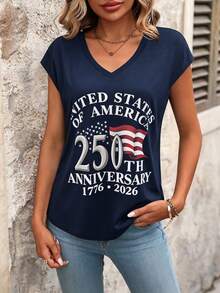 EMERY ROSE Women's V-Neck Letter & Number Print Casual Versatile Everyday T-Shirt - Navy Blue - View 3