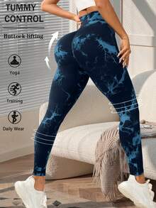 SHEIN Core Rhythm 女款紮染高腰日常健身運動內搭褲 - 藍色 - 查看 5
