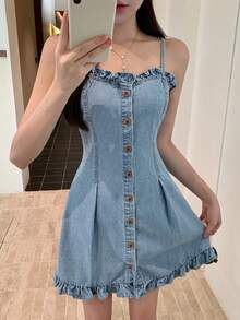 DAZY Women's Summer Frill Trim Patchwork Short Camisole Dress Sexy Casual Denim Dress Y2K - Light Wash - View 1