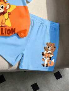 SHEIN Playful Pals 可愛男嬰2件組夏季套裝(6M-3Y)! 卡通T恤&短褲，適合拍照、節慶&禮物 - 杏色 - 查看 5