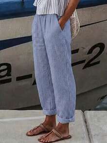 EMERY ROSE Plus Size Women's Pocket Loose Linen Striped Vacation Pants Fall - Multicolor - View 1