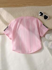 SHEIN 少女時尚休閒世界盃球衣街頭風梭織粉色與白色條紋黑色字母印花短袖上衣 - 粉色 - 查看 3