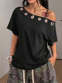 Coolane 女款秋季街頭風 Y2K 骷髏圖案萬聖節出遊寬鬆黑色 T-shirt - 黑色 - 查看 5