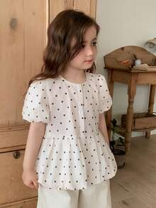 DAZY Kemeja Anak Perempuan Lengan Pendek Kerah Bulat Motif Polkadot dan Patchwork - Khaki - View 3