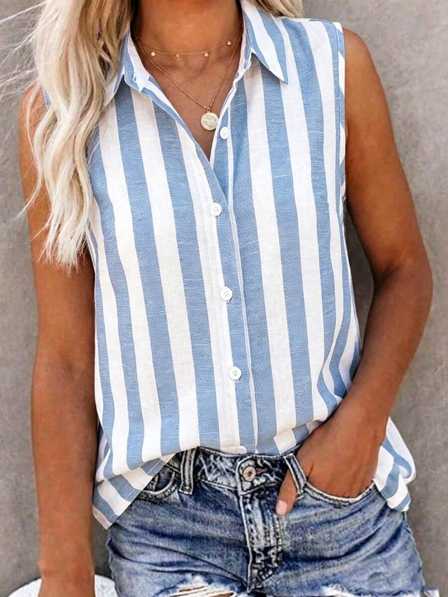 SHEIN Holidaya Damen Frühling & Sommer Neu Elegant Lässig Grau-Weiß Vertikale Streifen Kragen Ärmellos Bluse – Locker Atmungsaktiv Einreihige Weste, Vielseitig Slim-Fit Layering Hemd Für Frühling & Sommer - Blau - Übersicht 1