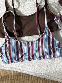 Swim Mod Ensemble de maillot de bain pour femmes minimaliste premium couleur café + imprimé rayé Ensemble vacances à la plage style décontracté polyvalent Maillot de bain pour femmes - Multicolore - Voir 5