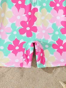 Baby Girl Floral Print Color Block Long Sleeve Romper Swimsuit And Hat Set Suitable For Summer Vacation - Hot Pink - View 5