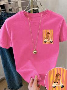 Camiseta casual de manga corta con estampado, holgada y con hombros caídos, adecuada para niñas preadolescentes en verano - Multicolor - Ver 2