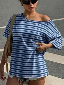 SHEIN EZwear 休閒簡約藍色條紋滿版印花落肩短袖寬鬆女款T恤，適合夏季 - 彩色 - 查看 6