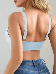 NudeFit 1pc Seamless Minimalist Wavy Edge Solid Color No Underwire Push Up Full Coverage Women Bra - Blue - View 2