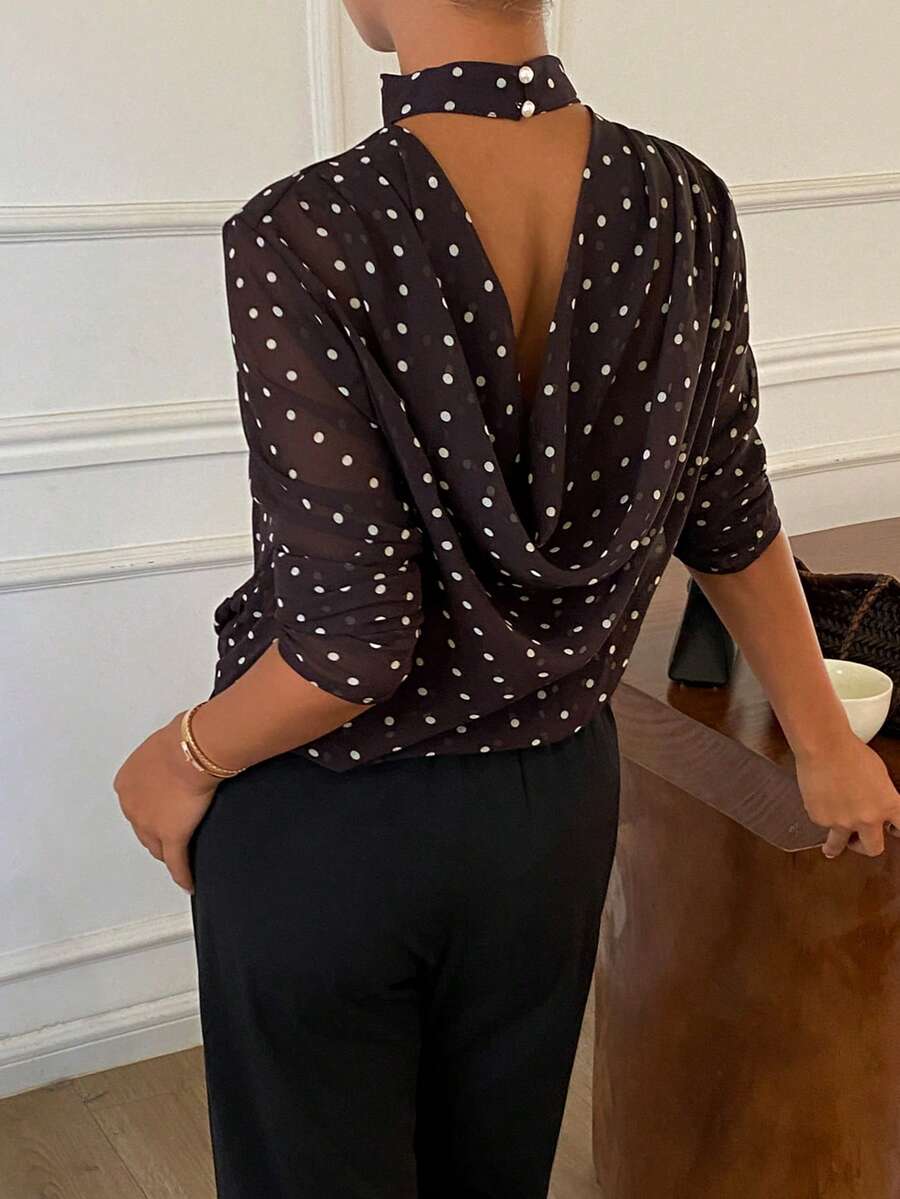 Livesso White With Black Polka Dots Loose Flowy Top For Women Office Autumn Elegant - Coffee Brown - View 1