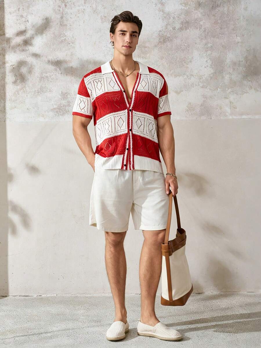 TONEVAULT 男士复古几何镂空针织开衫,夏季度假休闲短袖条纹撞色 Polo 领针织上衣 - 紅白色 - 查看 1