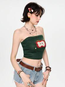 ROMWE Avant Forest Color Handmade Sweet Apple Knitted Tube Top With Button Decor, Women Knit Blouse For Spring/Summer - Dark Green - View 5
