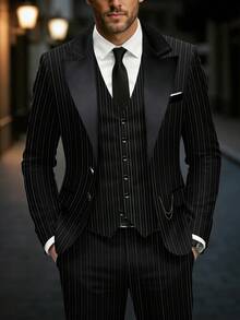 Manfinity Mode Bộ vest nam dài tay kẻ sọc kiểu cổ điển, gồm áo blazer và quần tây, thích hợp cho quý ông lịch lãm, phù hợp cho sinh hoạt hàng ngày, những chuyến đi cuối tuần, hoạt động ngoài trời, du lịch, môi trường làm việc thoải mái hoặc các dịp bán trang trọng, quà tặng cho bạn trai/chồng, quà kỷ niệm/sinh nhật, tiệc tùng, kỳ nghỉ hè, đám cưới, từ xuân sang hè, lễ Phục sinh. Bộ vest nam đen kẻ sọc thanh lịch với ve áo choàng và áo gile cho các dịp trang trọng, bộ vest kẻ sọc nam, bộ tuxedo nam, bộ vest đen nam cho các buổi lễ. - màu đen - Xem 1