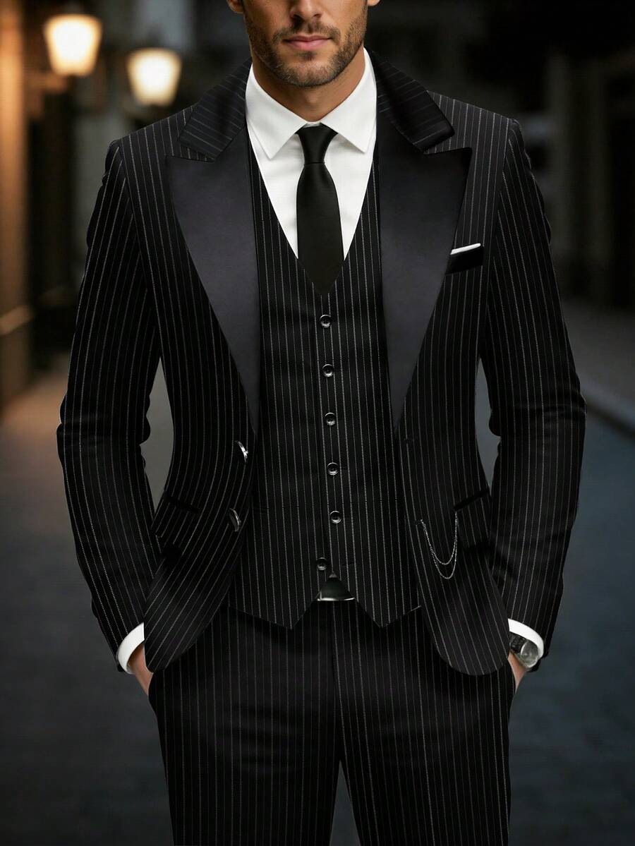 Manfinity Mode Bộ vest nam dài tay kẻ sọc kiểu cổ điển, gồm áo blazer và quần tây, thích hợp cho quý ông lịch lãm, phù hợp cho sinh hoạt hàng ngày, những chuyến đi cuối tuần, hoạt động ngoài trời, du lịch, môi trường làm việc thoải mái hoặc các dịp bán trang trọng, quà tặng cho bạn trai/chồng, quà kỷ niệm/sinh nhật, tiệc tùng, kỳ nghỉ hè, đám cưới, từ xuân sang hè, lễ Phục sinh. Bộ vest nam đen kẻ sọc thanh lịch với ve áo choàng và áo gile cho các dịp trang trọng, bộ vest kẻ sọc nam, bộ tuxedo nam, bộ vest đen nam cho các buổi lễ. - màu đen - Xem 1