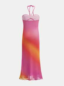 SHEIN 少女扎染针织网纱修身露背长裙，金属扣装饰，适合派对、度假、波西米亚风、复古、嘉年华、海滩度假等场合。 - 彩色 - 查看 3