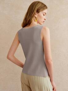 Pariaura Women's Solid Color Metal Single-Breasted Casual Sleeveless Knit Top - Khaki - View 2