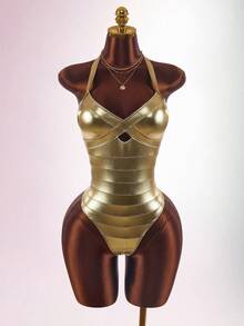 Amplova Women's One-Piece Swimsuit Gold Faux Bandage Style Sexy Avant-Garde Suitable For Vacation Wear Bathing Suits For Women - Gold - View 2
