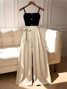 Elenzga Women's Casual Elegant Contrast Color Spaghetti Strap Wide Leg Jumpsuit With Belt, Suitable For Office, Party, Vacation And Special Occasions, Casual And Formal Summer Outfit, Perfect For Office, Business Casual, Evening Party And Formal Occasions, Summer Exquisite Outfit, Suitable For Office, Party, Vacation And Special Occasions - Multicolor - View 3