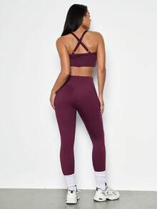 Levarali Plus Size Women Solid Color Cropped Camisole And Leggings Sports Suit Gym Sports Dark Purple Summer - Burgundy - View 7