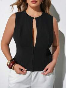 Maija Plus Size Women's Summer Elegant Solid Color Hollow Out Sleeveless Top Wedding Black - Black - View 7