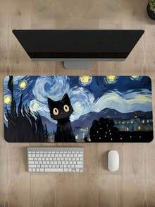 1 st Diatomit Van Gogh Stjärnnatt kattmönster minimalistisk svart yta utökad tangentbordsunderlägg för kontor och gaming halkfri vattentät stor - Stjärnkatt - Visa 8