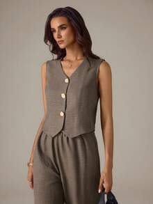 SHEIN Tall Women's Metal Single-Breasted Vest And Pants Casual 2 Pieces Set - Brown - View 5