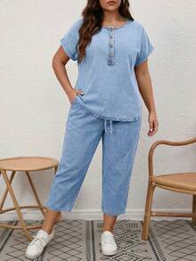 SHEIN EMERY ROSE CURVE 女款寬鬆大尺碼單排扣短袖牛仔上衣與長褲兩件套 - 藍色 - 查看 6